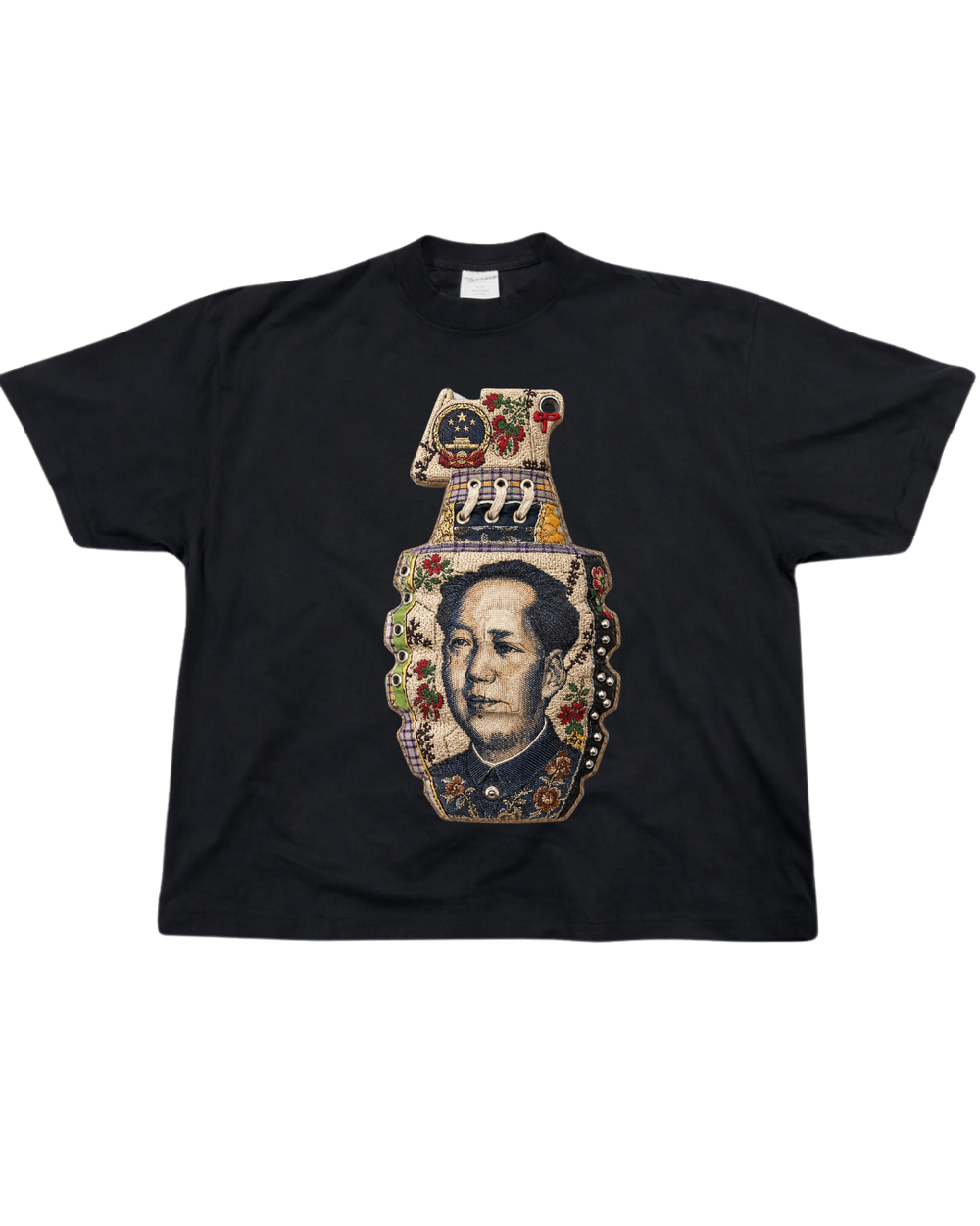 Black Portrait Grenade T Shirt with floral collage graphic