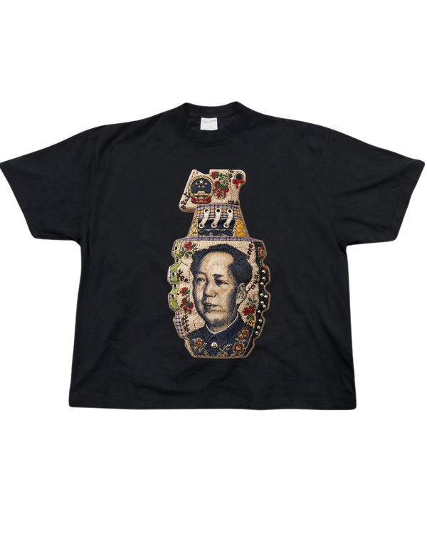 Black Portrait Grenade T Shirt with floral collage graphic
